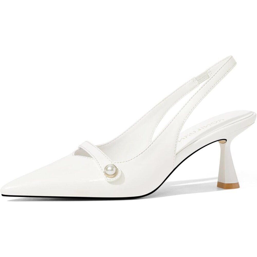 🆕 Women White Polyurethane Kitten Heels Slingback Pearl Pumps